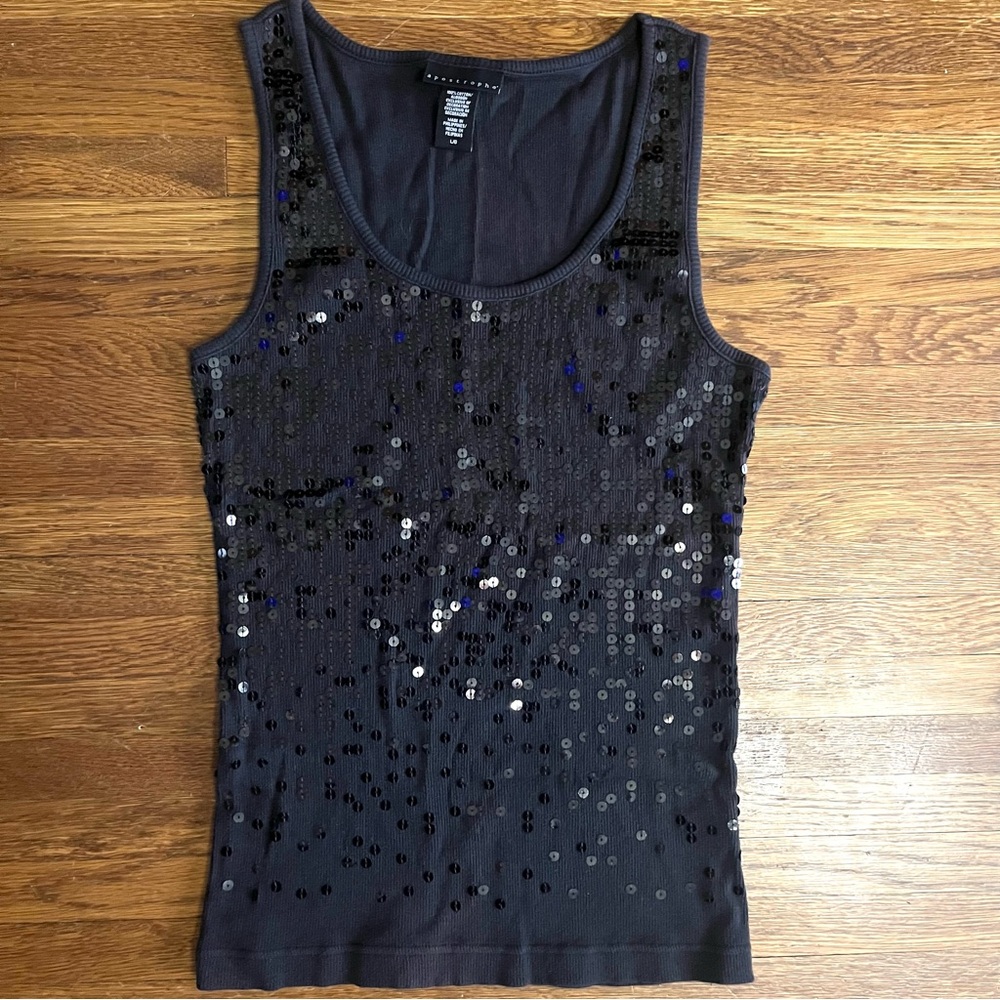 Vtg Y2K Appstrophe long tank top L sequined ribbed black